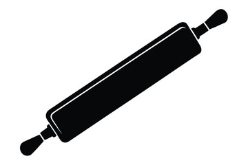 A black colored rolling pin is centered diagonally on an isolated white backdrop