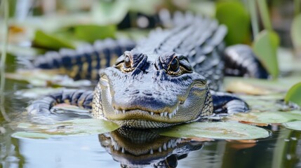 Fototapeta premium Alligator lurking in the waters of the swamp, with lily pads around it