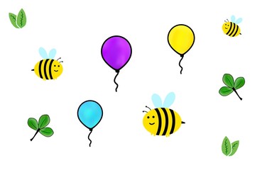 Illustration of a seamless pattern of bees, colorful balloons: yellow, purple, and blue, and green leaves isolated on a white background.
