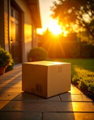 Cardboard Delivery Box on Doorstep – Realistic Home Delivery, Close-Up
