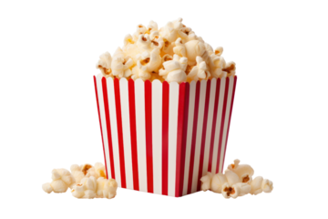 Movie Night Treat: A classic red and white striped popcorn bucket overflowing with fluffy popcorn, ready for a delightful movie night experience.