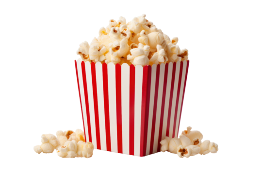 Movie Night Treat: A classic red and white striped popcorn bucket overflowing with fluffy popcorn, ready for a delightful movie night experience.