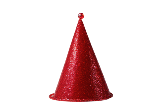 Festive Cone Hat: A striking, shiny red cone hat, crowned with a decorative orb, isolated against a bright backdrop, adding a touch of celebration and joy.