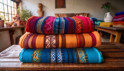 a vibrant display of colorful woven blankets stacked on a rustic table adding warmth and texture to any space perfect for home decor inspiration