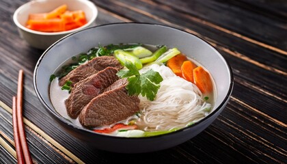 a hearty bowl of beef and vegetable soup with rice noodles is perfect for a comforting and nutritious meal