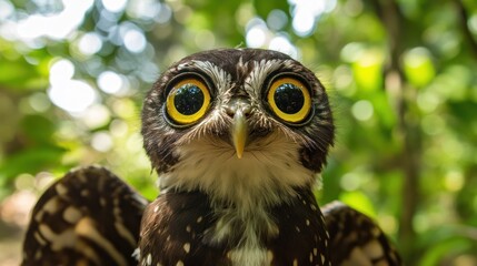 Obraz premium Curious owl portrait, jungle bokeh, wildlife close-up