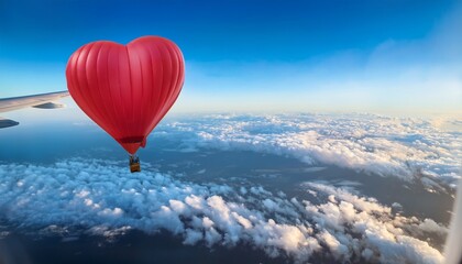 Fototapeta premium view from the plane window to the sky with clouds and heart shape red balloon