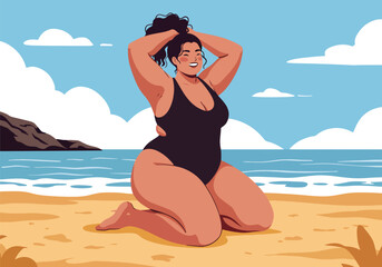 Adobe Illustrator Artwork vector flat illustration of a plus-size woman relaxing on a sunny beach during her summer vacation. Celebrates body positivity and carefree seaside bliss