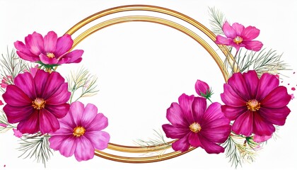 Fototapeta premium watercolor hand drawn cosmos flower gold frame in trendy color viva magenta isolated on a white background
