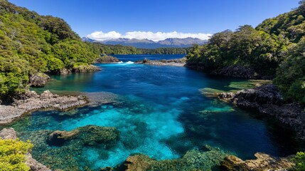 Obraz premium Pristine turquoise and deep blue waters meet a rocky shore, framed by lush green trees Distant mountains