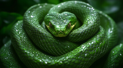 Obraz premium Green snake coiled among lush foliage with dewdrops glistening in the morning light
