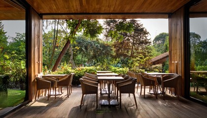 Fototapeta premium tranquil scene of lush outdoor garden as viewed from inside a restaurant