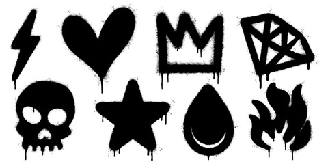 collection of black spray paint graffiti icons including lightning bolt, heart, crown, diamond, skull, star, drop, and flame.
