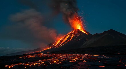 An intense volcanic eruption lights up the dark sky, casting a fiery glow on the landscape during night, conveying power and the raw energy.