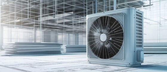 Fototapeta premium Modern air conditioner on construction site blueprints