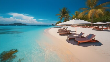 Naklejka premium tranquil beach paradise turquoise water white sand sun loungers and umbrellas