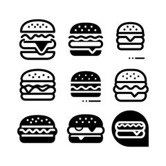 set of different types of burger icons vector outline and line art design illustrations