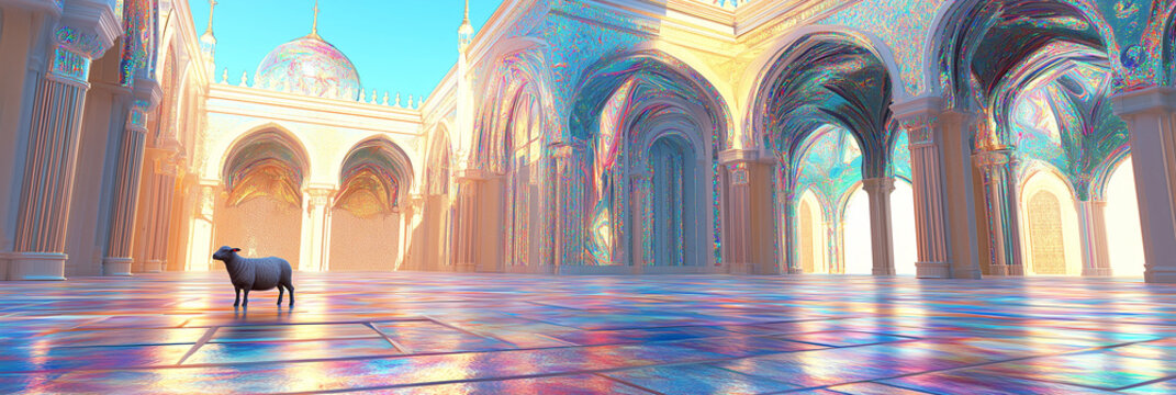 Bold neon palette courtyard of shimmering holographic arches and floating lanterns, a lamb softly blurred as it moves leaving a swirling trail in an ultra colorful illustration