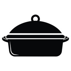 An isolated black casserole dish with lid presents a simple, minimal kitchenware icon