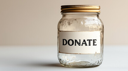 Glass jar labeled donate sits on a table in a neutral setting, inviting contributions for a charitable cause