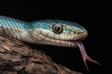 Close-up of a snake with vibrant blue and green scales,  resting on a dark, textured branch.  Its tongue is extended