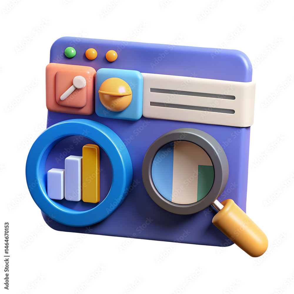 Poster a high quality 3d rendering icon showing data analysis and web search with magnifying glass and colo