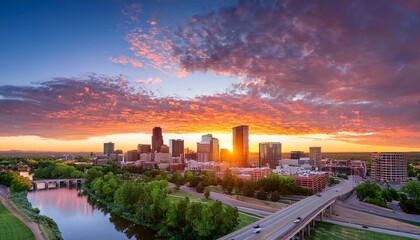 magical sunrise over denver vibrant orange and pink hues illuminating the skyline and river casting a serene glow on the cityscape in the early morning light