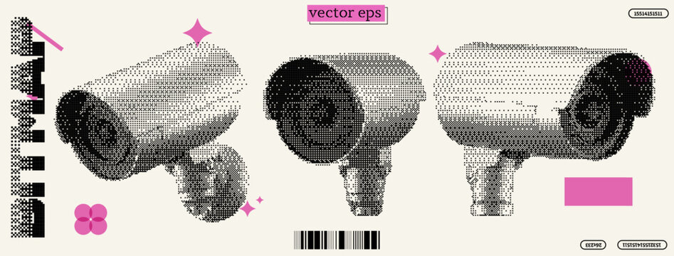 Security camera art design showcasing pixelated style inspired by dadaism and y2k aesthetics in a modern setting
