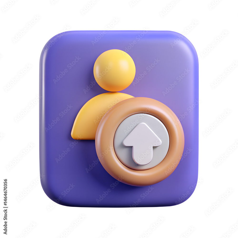 Poster a modern high quality 3d rendering icon of a user profile upload button against a gradient purple ba