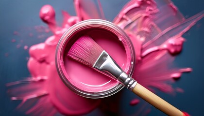 a vibrant close up of a jar of pink paint with a brush resting on top perfect for artistic creations painting projects or craft endeavors