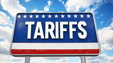 United States Tariffs Sign against a clear blue sky background
