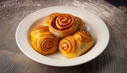 famous food of mongolian concept golden baked rolls in a white dish on a patterned surface