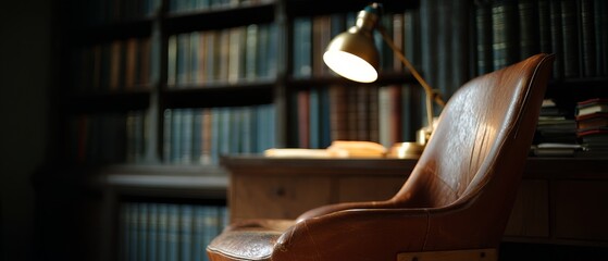 A cozy leather chair sits in a warmly lit library corner, inviting relaxation and reading amidst towering shelves of books.