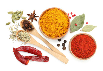 Different aromatic spices isolated on white, top view