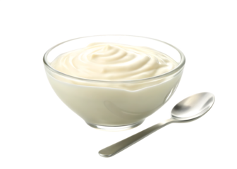 Glass bowl filled with creamy, thick plain yogurt with a silver spoon, smooth and rich texture  isolated on white background PNG