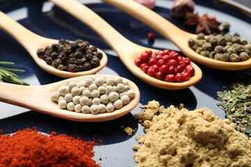 Different aromatic spices in spoons on plate, closeup