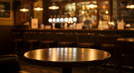 Fototapeta premium Empty table at a cozy pub warm lighting perfect for product placement