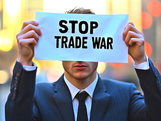 Businessman holding protest sign advocating against trade war policy