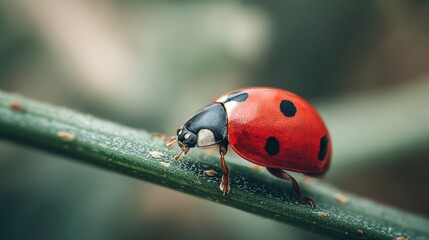Obraz premium Vibrant Ladybug Crawling on a Green Leaf in Nature Close-Up Photography