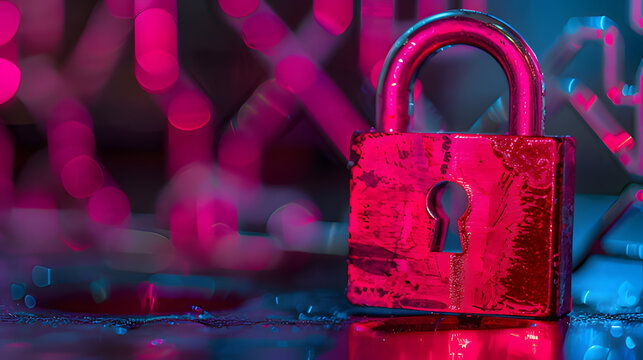 Glowing red padlock on dark digital interface symbolizing cryptocurrency security breach, blockchain technology concept for cyber security and data protection.