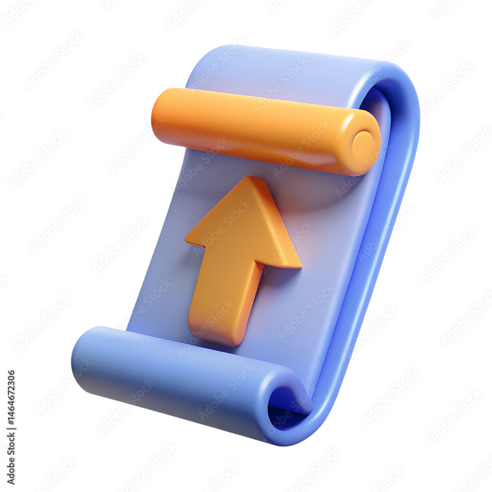 Poster high quality 3d rendering icon of an upward arrow on a blue scroll with a rolled edge representing l