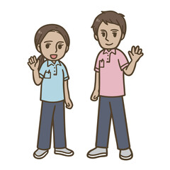 外国人介護職員の男性と女性のイラスト（制服・挨拶・笑顔）