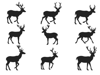 Fototapeta premium Black Silhouettes of Wild Deer – Male, Female, and Roe Deer Illustrations