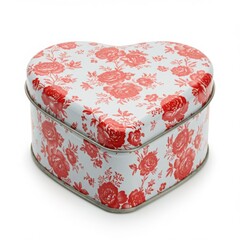 Heart shaped tin box with red roses on white ground isolated on white background