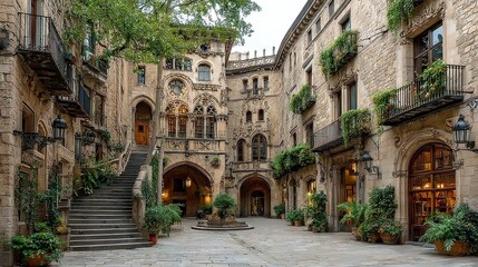 Gothic Quarter Pathway, intricately curved gray stones weave through the historic Barcelona neighborhood, showcasing urban decay and timeless charm amidst open spaces.