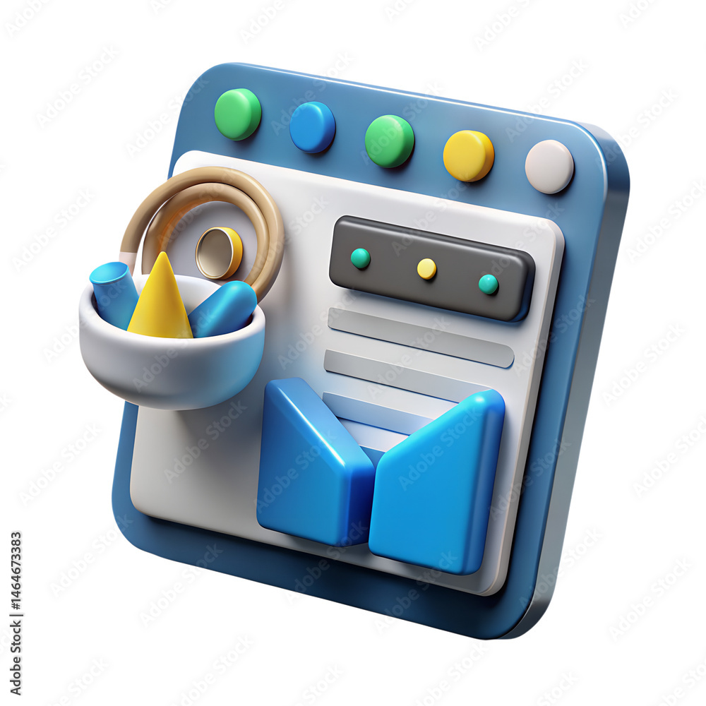 Poster Unique high quality 3d rendering icon of a modern webpage interface design featuring multiple elements and shapes, isolated