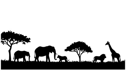 Silhouettes of African Wildlife in Savannah &ndash; Seamless Vector Landscape with Elephants, Giraffes, and Lion on Tropical Horizon