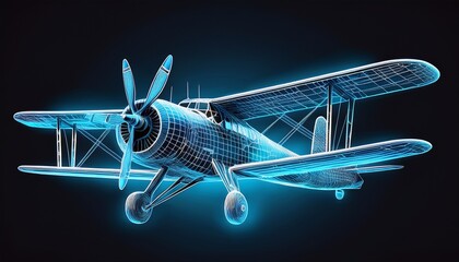 detailed blue wireframe of a vintage airplane