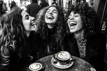 Three Happy Women Laughing Together at a City Cafe