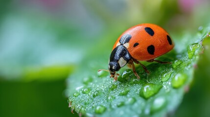 Fototapeta premium Close-up of Vibrant Ladybug on Fresh Green Leaf with Dew Drops in Garden Setting